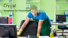  Presentation with spy - Slides having housekeeping safety - male spy under cleaner cover background and a mint green colored foreground