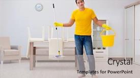  Presentation with housekeeping - Presentation design with housekeeping safety - man cleaning the house helping background and a light gray colored foreground