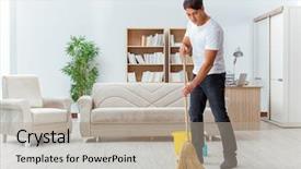 Presentation with helping man - PPT theme with housekeeping safety - man husband cleaning the house background and a mint green colored foreground