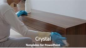  Presentation with housekeeping - Beautiful PPT theme featuring housekeeping safety - woman clean the tv cabinet backdrop and a dark gray colored foreground