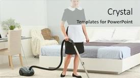  Presentation with room cleaning - Theme consisting of housekeeping services - chambermaid cleaning room with vacuum background and a light gray colored foreground