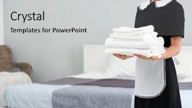  Presentation with clean - Theme with housekeeping services - chambermaid holding pile of clean background and a light gray colored foreground