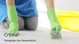  Presentation with carpet - Presentation theme enhanced with housekeeping services - cleaning concept young woman cleans background and a light gray colored foreground