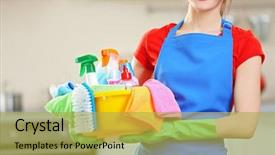  Presentation with cleaning - Colorful PPT layouts enhanced with housekeeping services - cleaning concept young woman holds backdrop and a yellow colored foreground