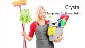  Presentation with holding bucket while water droplet - Theme having housekeeping services - female cleaner holding a bucket background and a white colored foreground