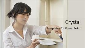  Presentation with cleaning service excel - Slide deck having housekeeping services - female housekeeper cleaning shelf background and a  colored foreground