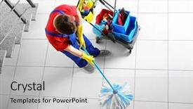  Presentation with mopping - Slides with housekeeping services - man mopping floor top view background and a light gray colored foreground