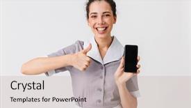  Presentation with cheerful - Presentation theme consisting of housekeeping services - portrait of a cheerful young background and a soft green colored foreground