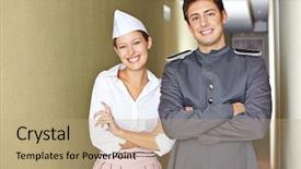  Presentation with hotel housekeeping - PPT theme featuring housekeeping services - smiling service staff in hotel background and a  colored foreground