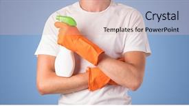  Presentation with empty stage blue curtain - Slide deck with housekeeping solution - housekeeper with cleaning product background and a lemonade colored foreground