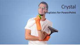  Presentation with service product design proposal - Theme consisting of housekeeping solution - housekeeper with cleaning product background and a light blue colored foreground