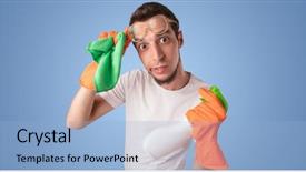  Presentation with housekeeping - Colorful slide deck enhanced with housekeeping solution - housekeeper with cleaning product backdrop and a light blue colored foreground