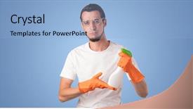  Presentation with equipment lease - Presentation design consisting of housekeeping solution - housekeeper with cleaning product background and a light blue colored foreground