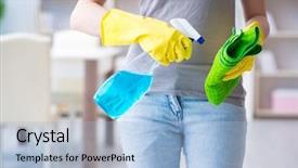  Presentation with home cleaning service - Audience pleasing presentation theme consisting of housekeeping solution - woman doing cleaning at home backdrop and a light blue colored foreground