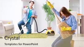  Presentation with cleaning - Amazing presentation having housekeeping solution - young family cleaning the house backdrop and a soft green colored foreground