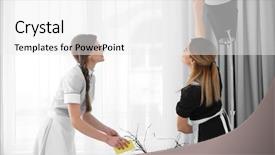  Presentation with teaching the brain in mind - Slide deck having housekeeping training - chambermaid in uniform teaching trainee background and a white colored foreground