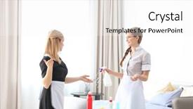  Presentation with co teaching - Audience pleasing PPT theme consisting of housekeeping training - chambermaid in uniform teaching trainee backdrop and a  colored foreground