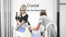  Presentation with teaching strategies - Cool new slide deck with housekeeping training - chambermaid in uniform teaching trainee backdrop and a  colored foreground