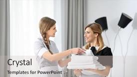  Presentation with co teaching - Colorful PPT layouts enhanced with housekeeping training - chambermaid in uniform teaching trainee backdrop and a soft green colored foreground