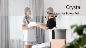  Presentation with teaching - Audience pleasing theme consisting of housekeeping training - chambermaid in uniform teaching trainee backdrop and a light gray colored foreground