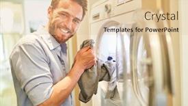  Presentation with clothes washing machine - Slide deck with houseman-with-clean-laundry background and a lemonade colored foreground