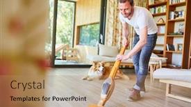  Presentation with living room - Slides having houseman-with-vacuum-cleaner-vacuuming background and a coral colored foreground