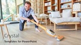  Presentation with room cleaning - Presentation consisting of houseman-with-vacuum-cleaner-vacuuming background and a soft green colored foreground