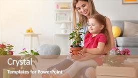  Presentation with taking care of children and parent - Slides with houseplant - cute little girl with mother background and a coral colored foreground
