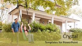  Presentation with home garden - Slides with houses - father pushing daughter on garden background and a yellow colored foreground