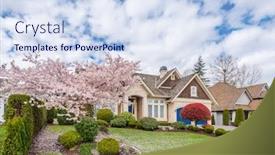 Presentation with coloured - PPT theme with houses in suburb with spring blossom in the north america luxury houses with nice white and pink coloured landscape background and a sky blue colored foreground