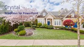  Presentation with coloured - Slide deck having houses in suburb with spring blossom in the north america luxury houses with nice white and pink coloured landscape background and a sky blue colored foreground