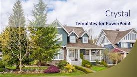  Presentation with coloured - Cool new slide deck with houses in suburb with spring blossom in the north america luxury houses with nice white and pink coloured landscape backdrop and a sky blue colored foreground