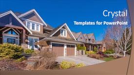  Presentation with coloured - Beautiful slide deck featuring houses in suburb with spring blossom in the north america luxury houses with nice white and pink coloured landscape backdrop and a teal colored foreground