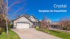  Presentation with coloured - PPT theme featuring houses in suburb with spring blossom in the north america luxury houses with nice white and pink coloured landscape background and a teal colored foreground