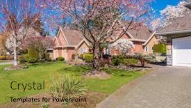  Presentation with north america - Amazing PPT theme having houses in suburb with spring blossom in the north america luxury houses with nice white and pink coloured landscape backdrop and a gold colored foreground