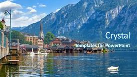  Presentation with church blue - PPT theme consisting of houses on coast and chapel background and a ocean colored foreground