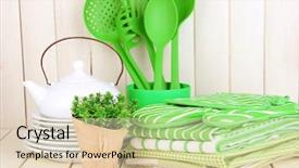  Presentation with kitchen - Slide set featuring houseware - kitchen settings utensil potholders towels background and a lemonade colored foreground