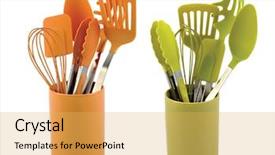  Presentation with kitchen utensils - Amazing slide deck having houseware - kitchen utensils on white background backdrop and a yellow colored foreground