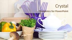  Presentation with utensils - Audience pleasing slide set consisting of houseware - plastic kitchen utensils in cup backdrop and a cream colored foreground