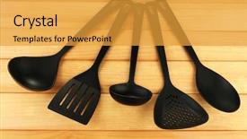  Presentation with utensils - PPT layouts consisting of houseware - plastic kitchen utensils on wooden background and a gold colored foreground