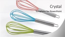  Presentation with plastic from waste - Presentation theme enhanced with houseware - plastic kitchen whisk isolated background and a white colored foreground