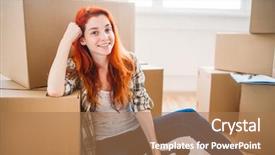  Presentation with transportation brand new cars - Presentation design with housewarming - happy woman among carton boxes background and a coral colored foreground