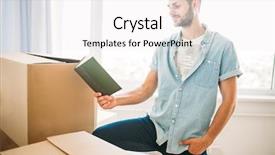  Presentation with new home - Presentation theme featuring housewarming - man poses with book moving background and a sky blue colored foreground