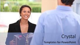  Presentation with gift - Slide set featuring housewarming - woman at a front door background and a light blue colored foreground