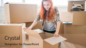  Presentation with sportswoman boxing woman - Amazing PPT theme having housewarming - woman unpacking cardboard boxes backdrop and a coral colored foreground