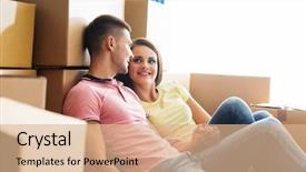  Presentation with new home - PPT layouts with housewarming - young couple moving background and a coral colored foreground