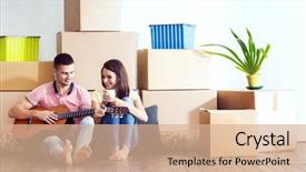  Presentation with movie theater loving couple - Audience pleasing presentation design consisting of housewarming - young loving couple moving backdrop and a  colored foreground