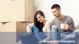  Presentation with new home - PPT theme enhanced with housewarming - young loving couple moving background and a ocean colored foreground