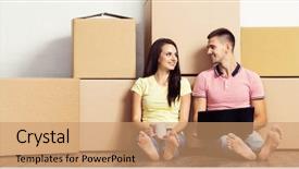  Presentation with new home - Presentation design consisting of housewarming - young loving couple moving background and a coral colored foreground