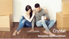  Presentation with movie theater loving couple - Presentation theme with housewarming - young loving couple moving background and a tawny brown colored foreground